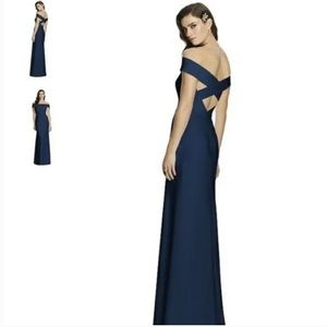 Dessy Collection Navy Blue Scoop Neck Off the Shoulder Cross Back Formal Dress